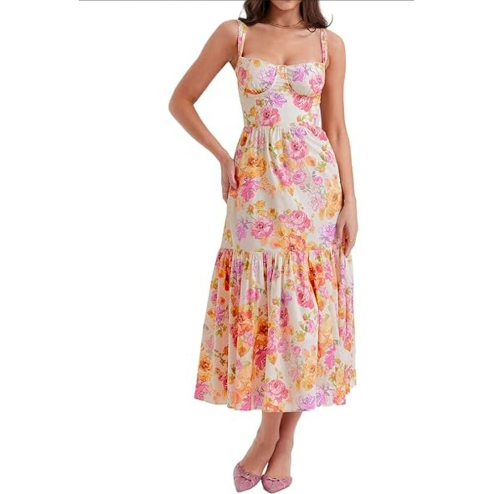 Floral Midi Milkmaid Coquette Sleeveless Dress Womens Small Pockets Cottagecore